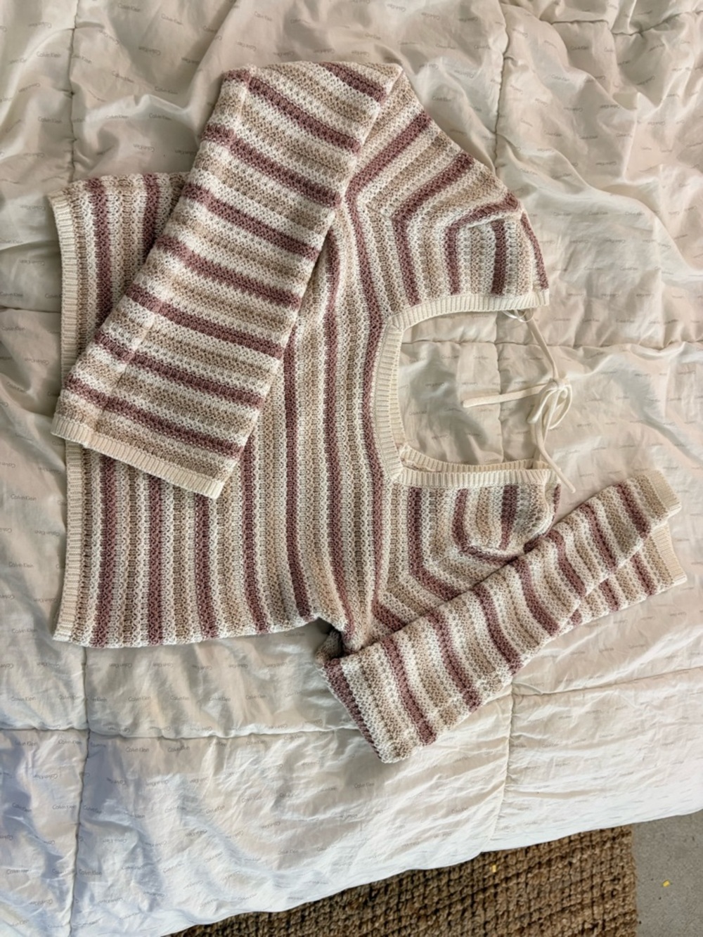 Hollister Cream and Dusty Rose Striped Open-Knit Sweater